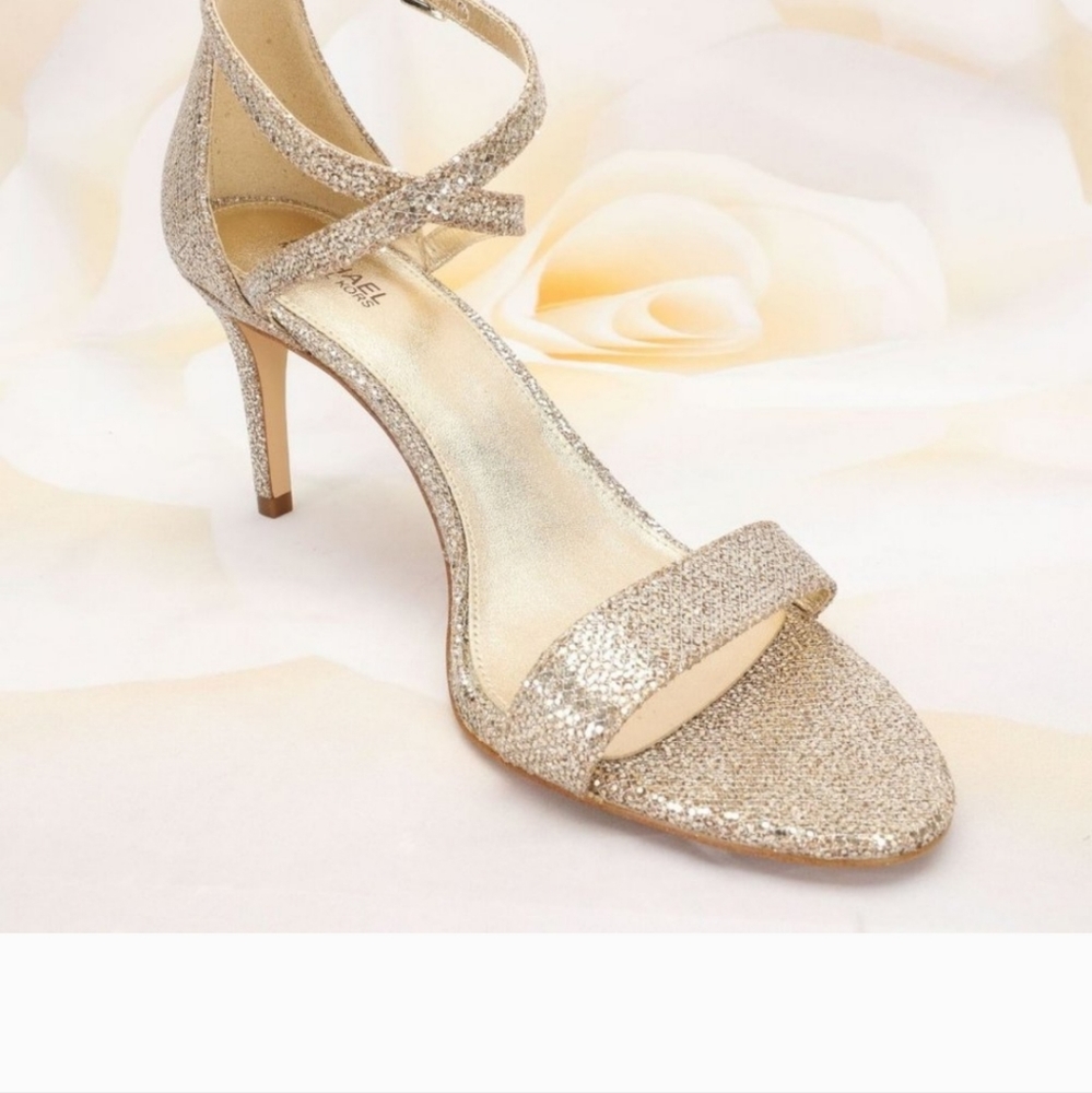 Michael Kors Ava Size Sand Glitter Mid-Heel Sandals Shoes W/Ankle Strap - Picture 3 of 16